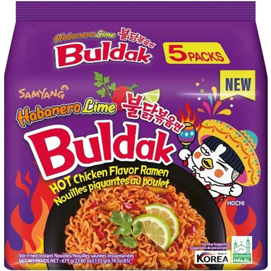 Samyang Buldak Noodles Habanero Lime Hot Chicken Flavour 5 Pack 625G
